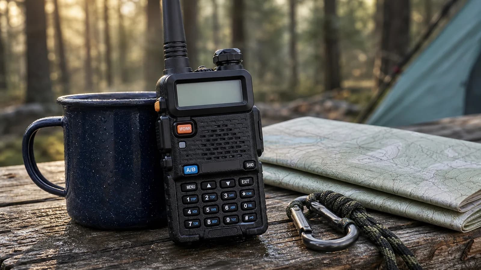 A Baofeng UV-5R resting on a log at a forested campsite next to an enamel mug, a folded topo map, and a carabiner on paracord