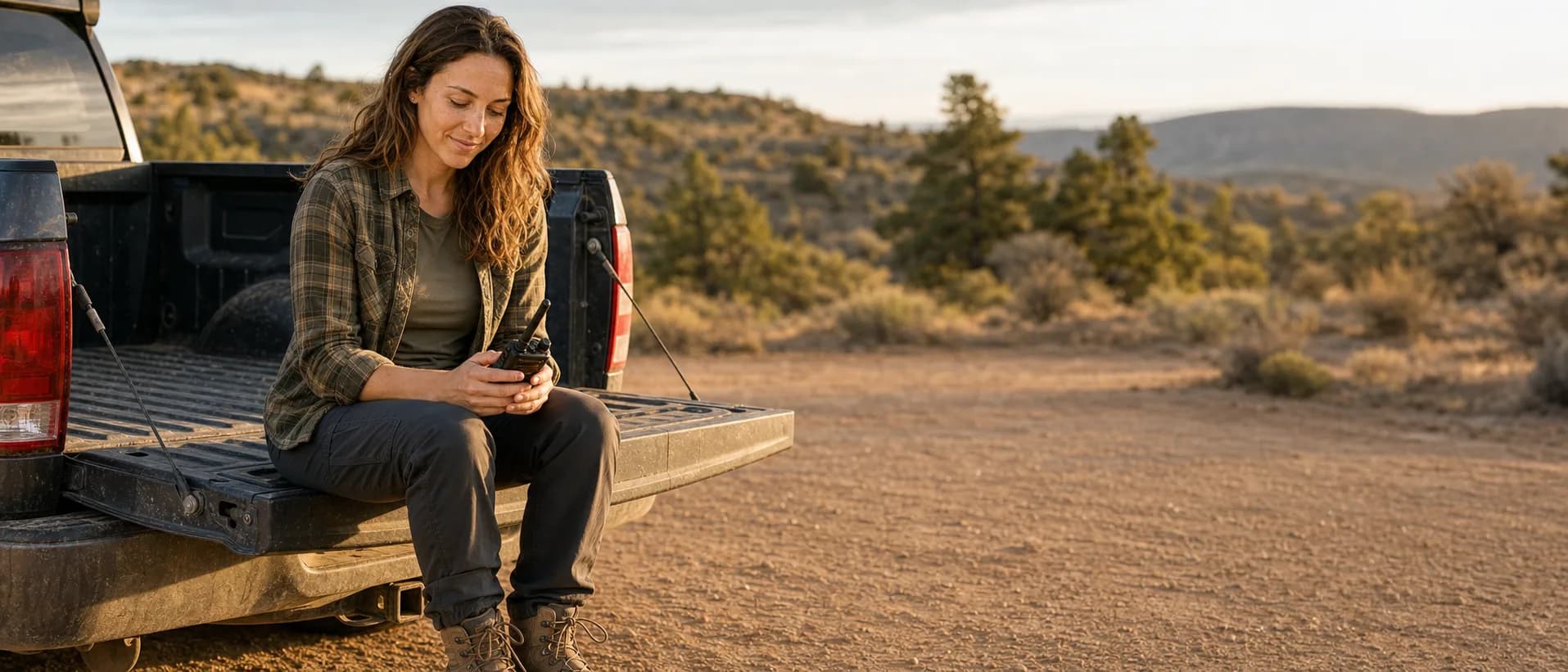 Licensed amateur operator sitting on a pickup tailgate at a high-desert trailhead, checking a Baofeng UV-5R held in her lap