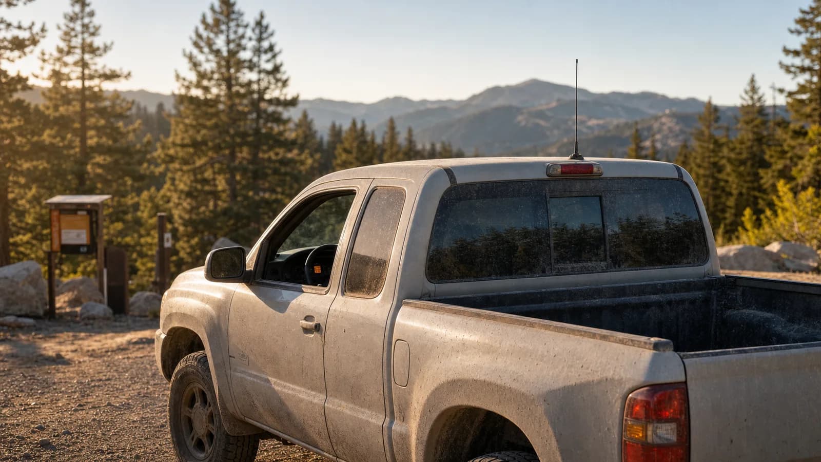 A compact GMRS mobile radio and microphone mounted in a pickup cab with a forest trail visible through the windshield