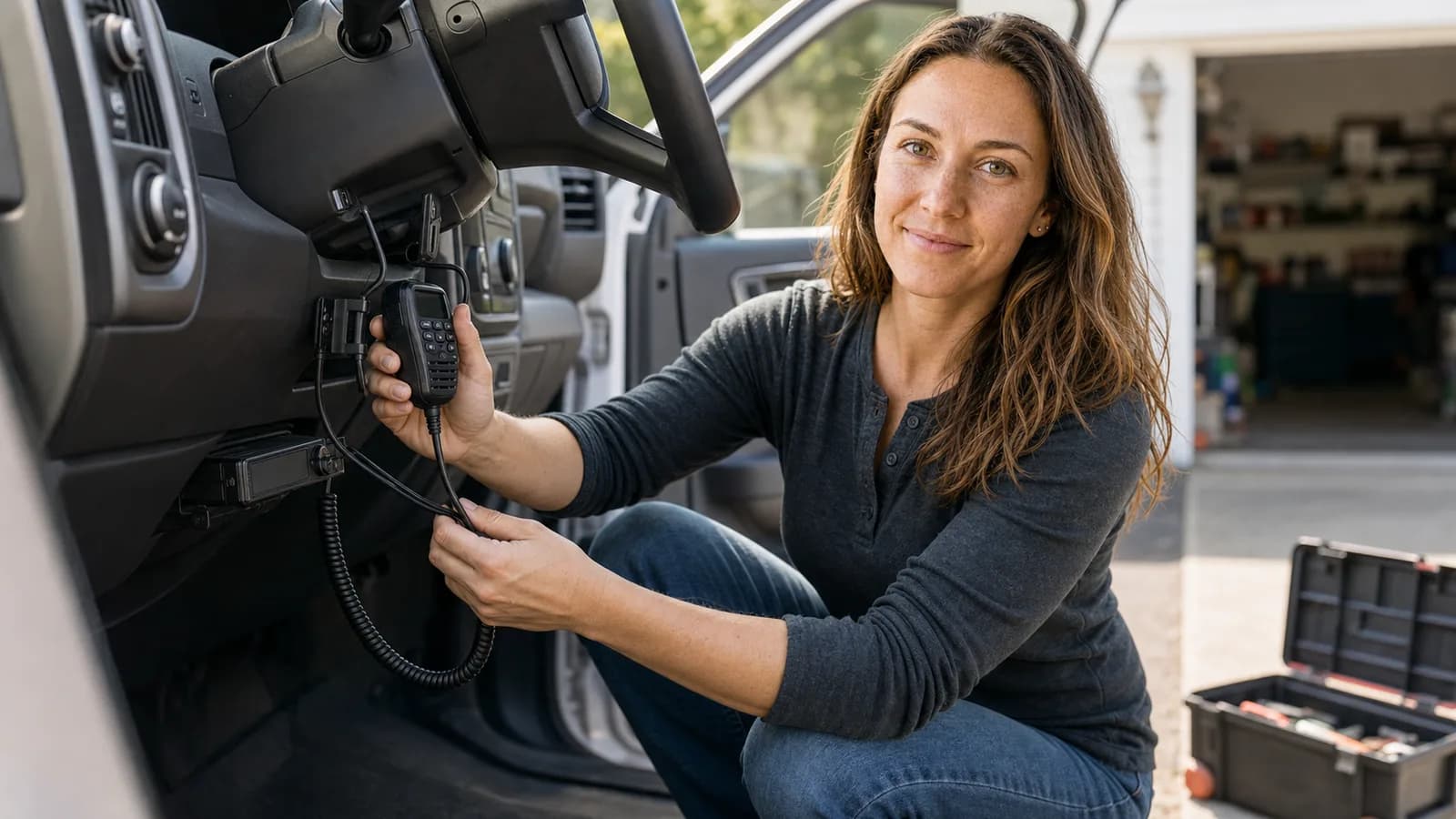 Jess Harmon crouched at the open door of a pickup routing a microphone cable to a compact GMRS radio mounted under the dash