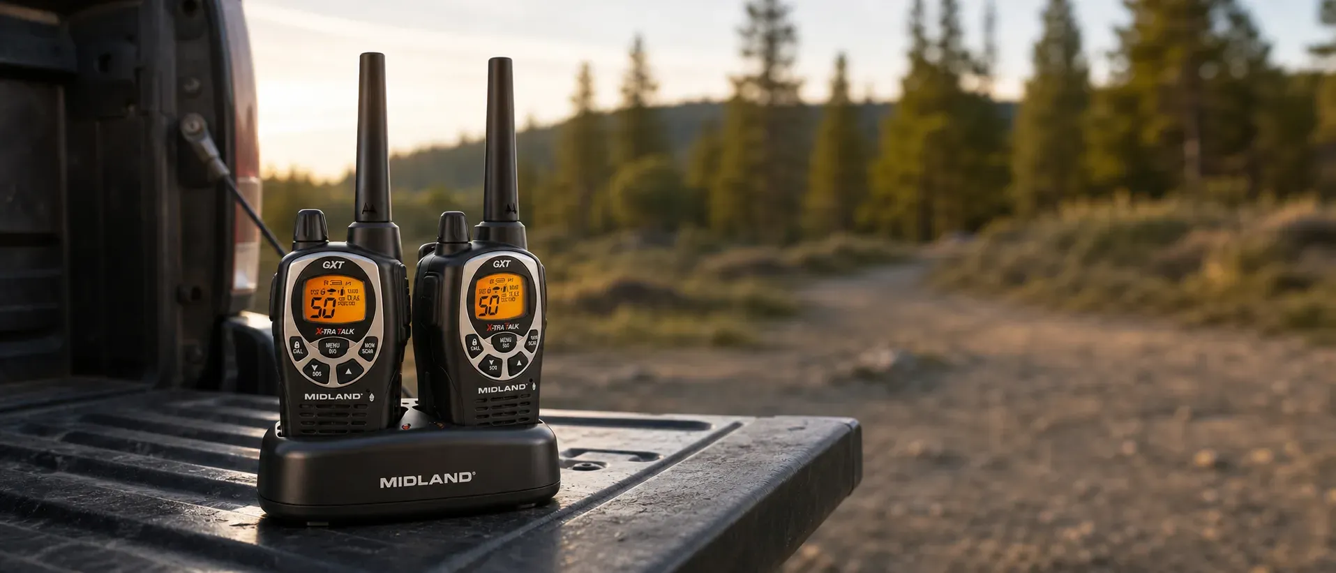 A pair of Midland GXT1000VP4 handheld GMRS radios in their charging cradle on a truck tailgate