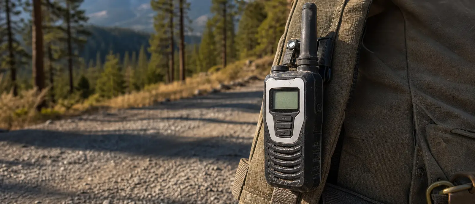 A rugged handheld GMRS radio clipped to a backpack strap on a gravel forest service road at golden hour