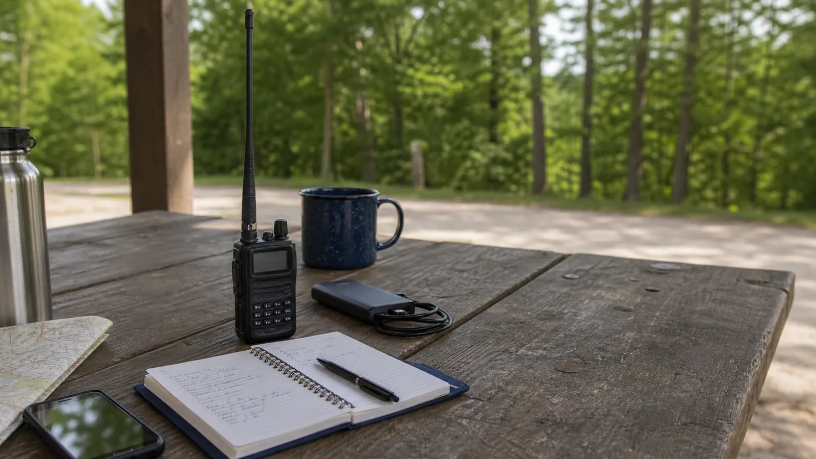 A ham radio operator at a folding camp table in a national forest clearing, handheld radio in use, paper log open, an upgraded whip antenna catching late-morning sunlight