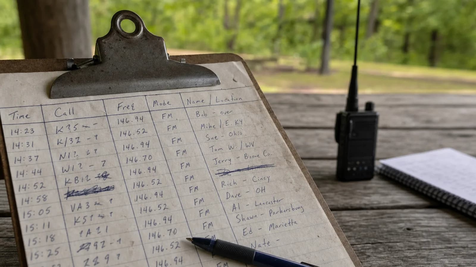 A close-up of a paper POTA activation log on a clipboard at a picnic table, handwritten call signs and timestamps, a handheld radio and antenna visible in soft focus behind