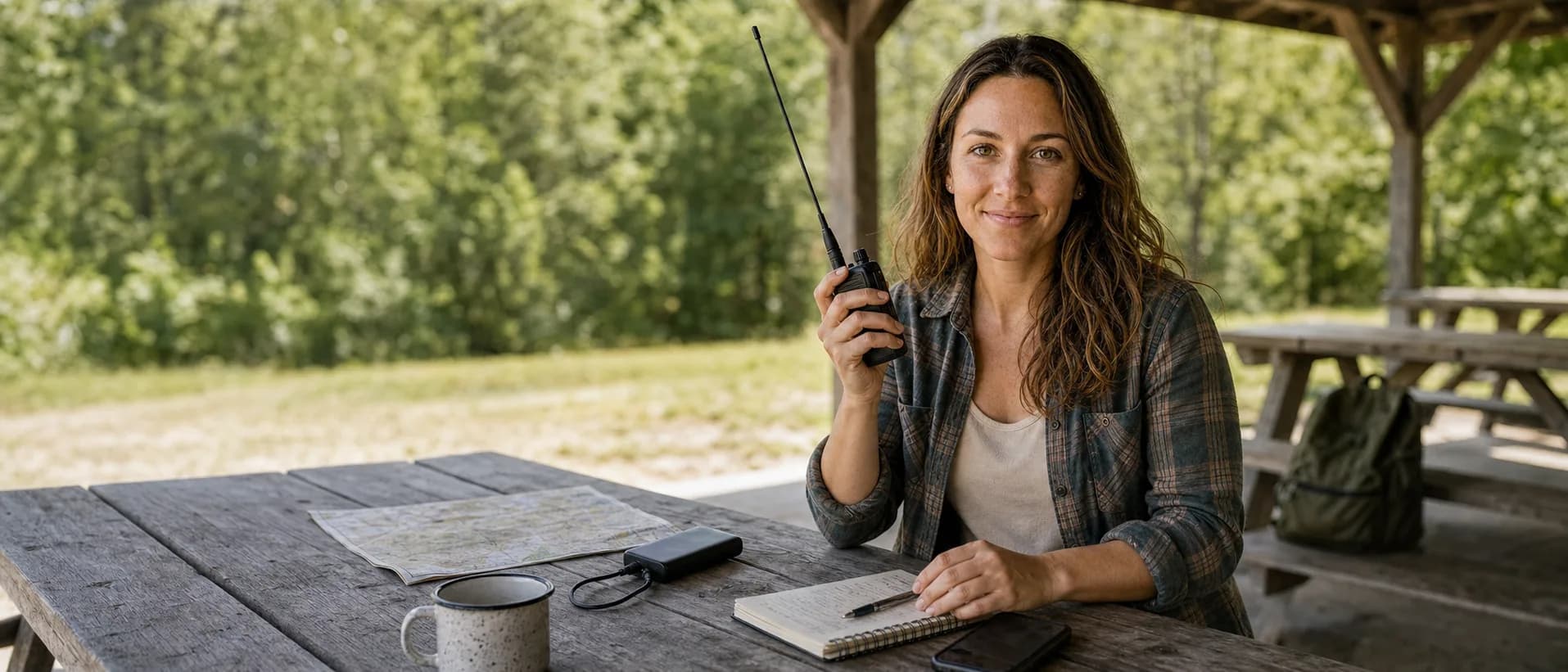 A ham radio operator at a national park picnic table with a handheld radio, an upgraded long whip antenna, and a paper log, mountains in the background under late-morning light