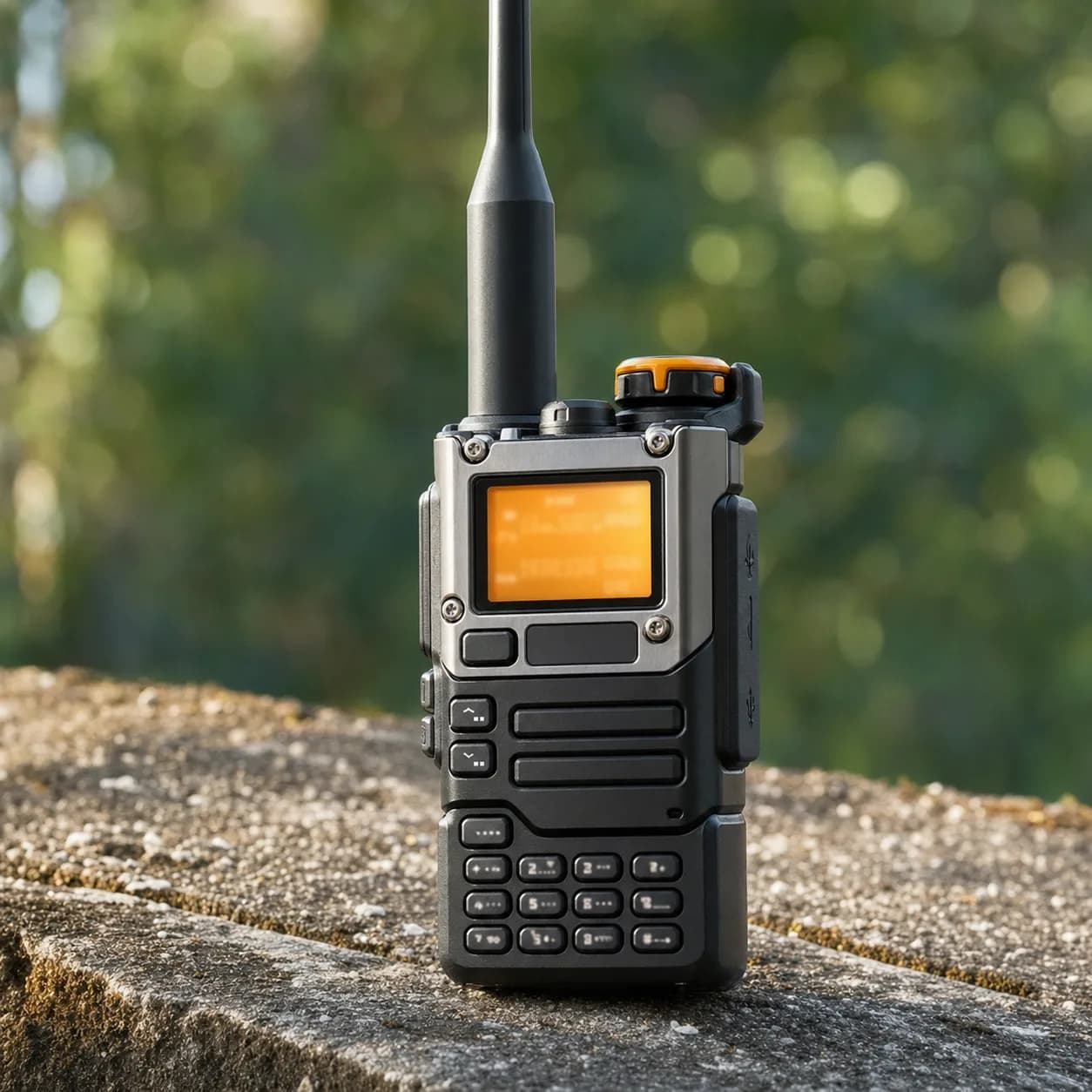 Quansheng UV-K5 handheld radio standing on a concrete surface, showing its silver front fascia, orange-ringed top knob, and amber backlit display