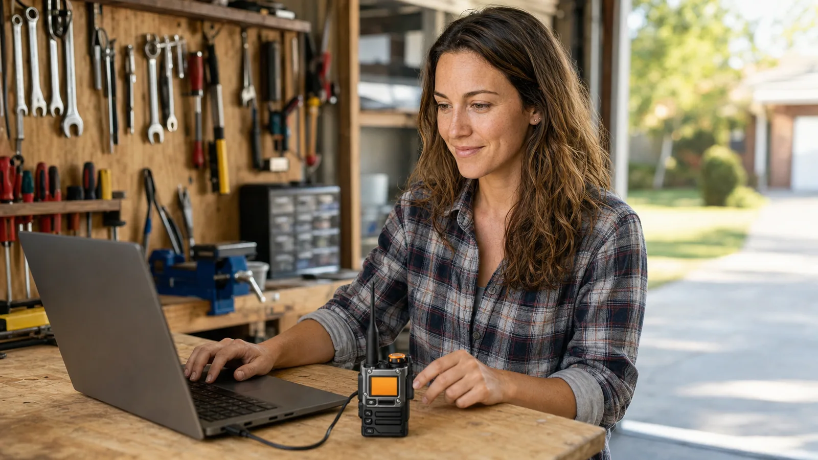 Jess Harmon at a garage workbench flashing firmware to a Quansheng UV-K5 with a laptop and USB programming cable, morning light from the open garage door