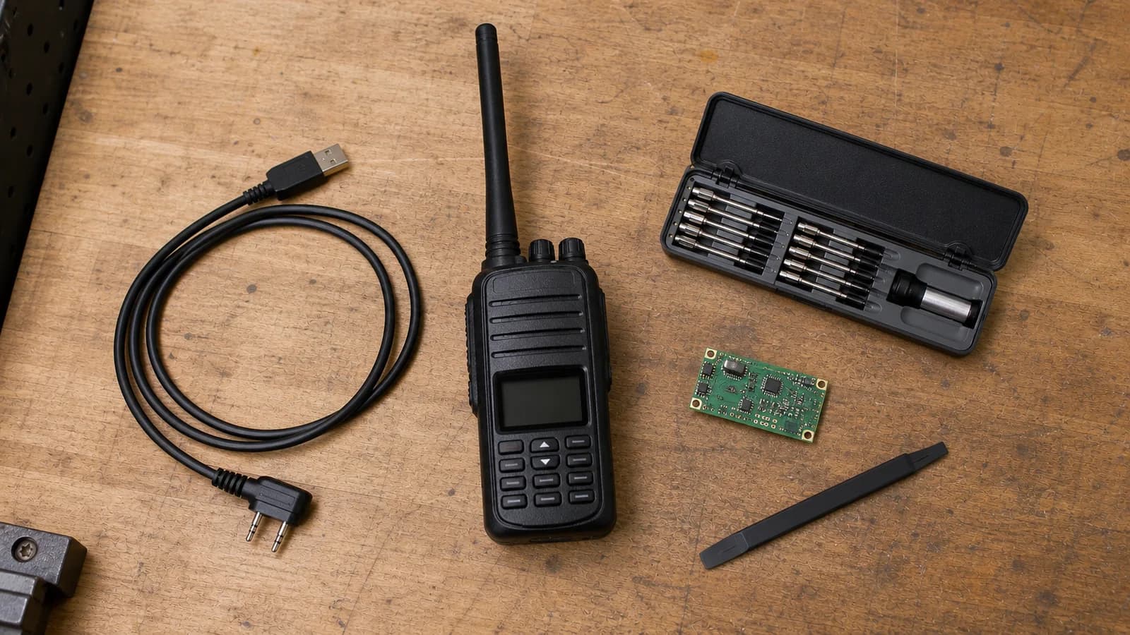A handheld radio, USB programming cable, small screwdriver set, and receiver circuit board module laid out on a workbench, suggesting a firmware and hardware modding project