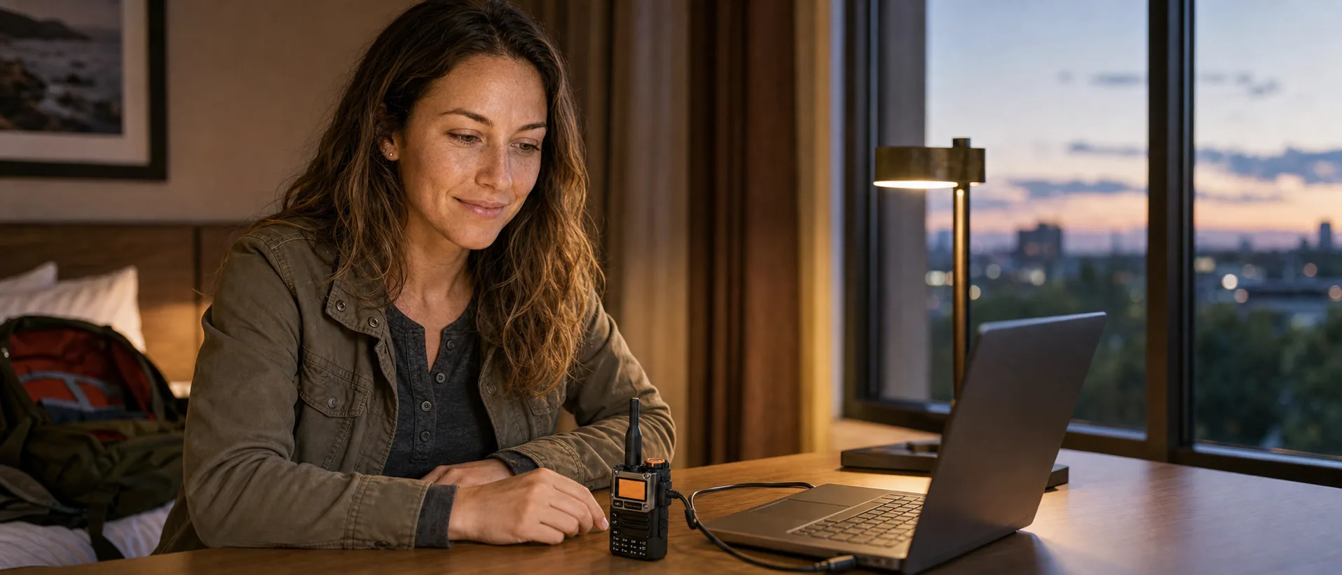 Jess Harmon at a hotel room writing desk at dusk, updating a Quansheng UV-K5 handheld radio connected to her laptop by a programming cable