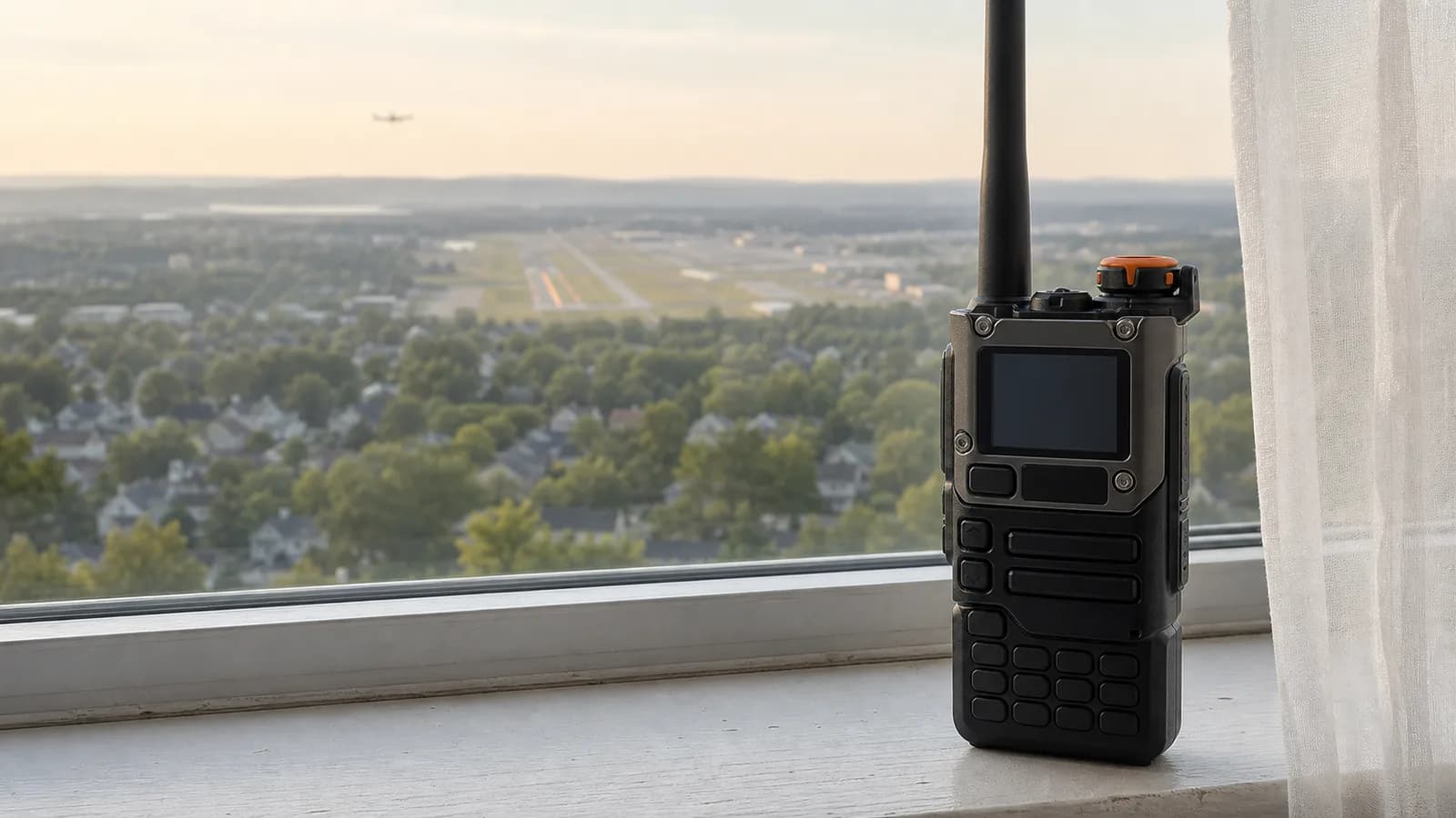 A Quansheng UV-K6 handheld standing on a windowsill scanning airband, an airport visible in the distance