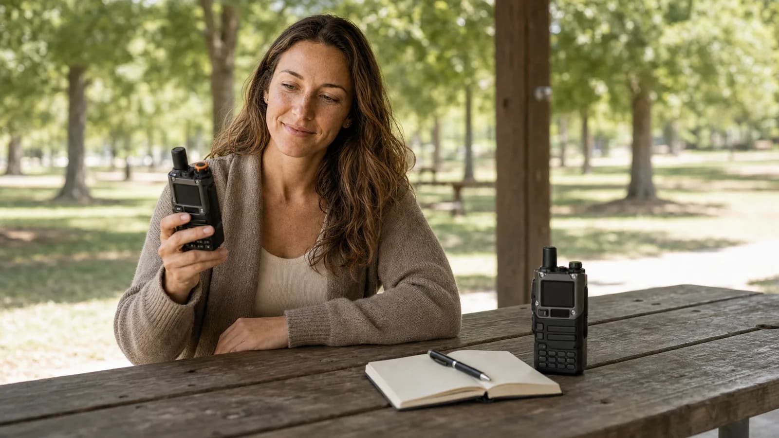 Jess Harmon at a picnic table comparing a Quansheng UV-K6 and a Baofeng UV-5R side by side, notebook open between them