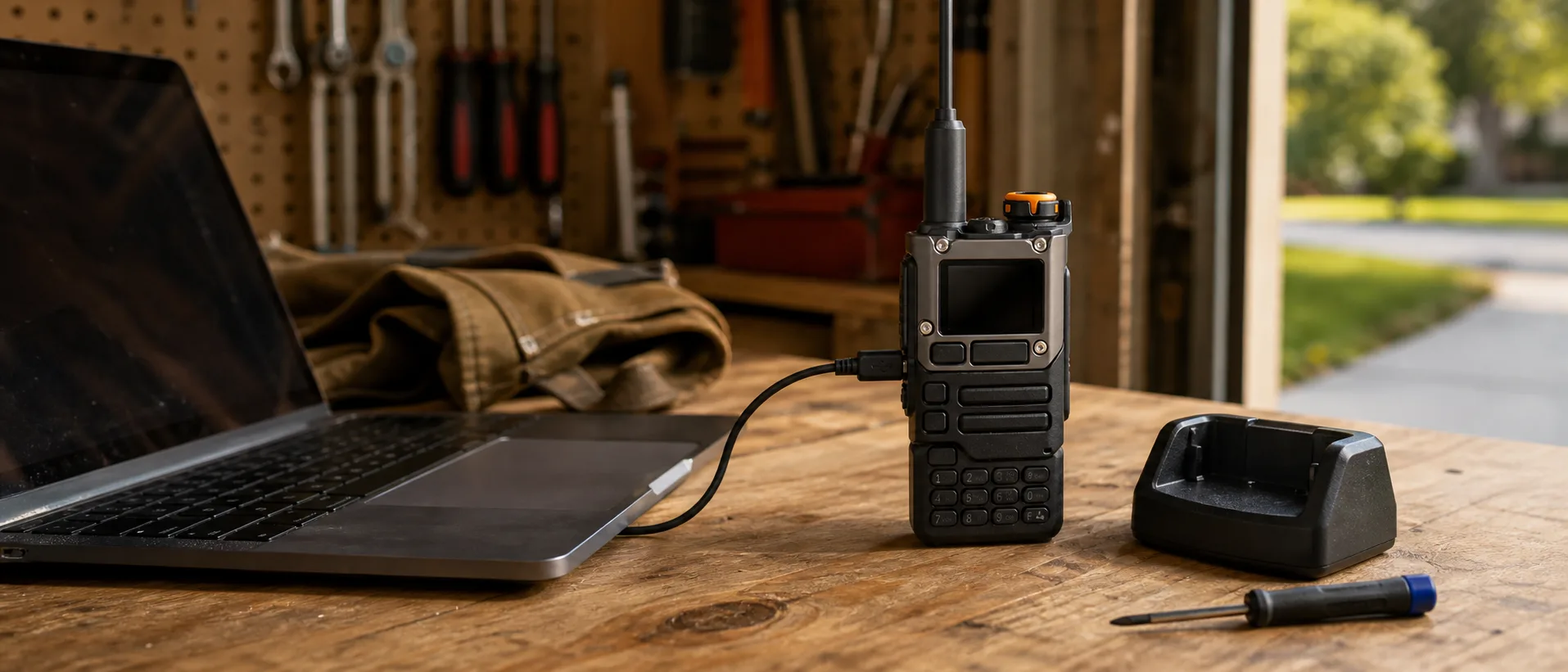 A Quansheng UV-K6 handheld radio on a workbench beside a laptop showing a firmware flasher, USB-C cable connected
