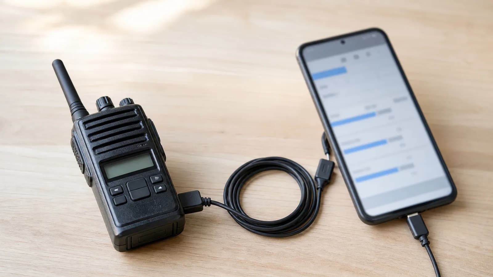 A handheld radio on a desk next to a programming cable and a smartphone showing a radio programming app