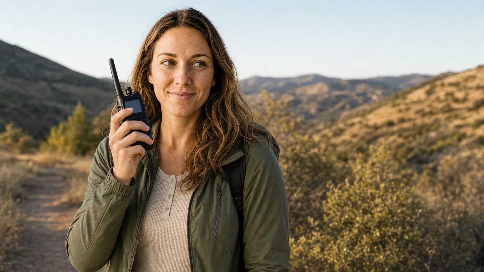 A ham operator holding a handheld radio while standing on a trail in the foothills