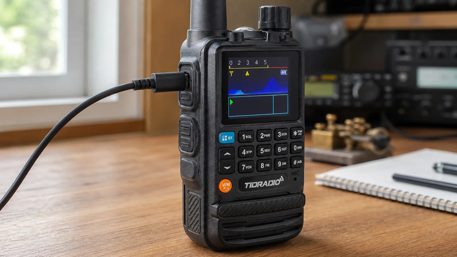 TIDRADIO TD-H3 handheld ham radio shown from the front on a wooden desk, with the color TFT display showing the frequency and a USB-C cable plugged into the side port