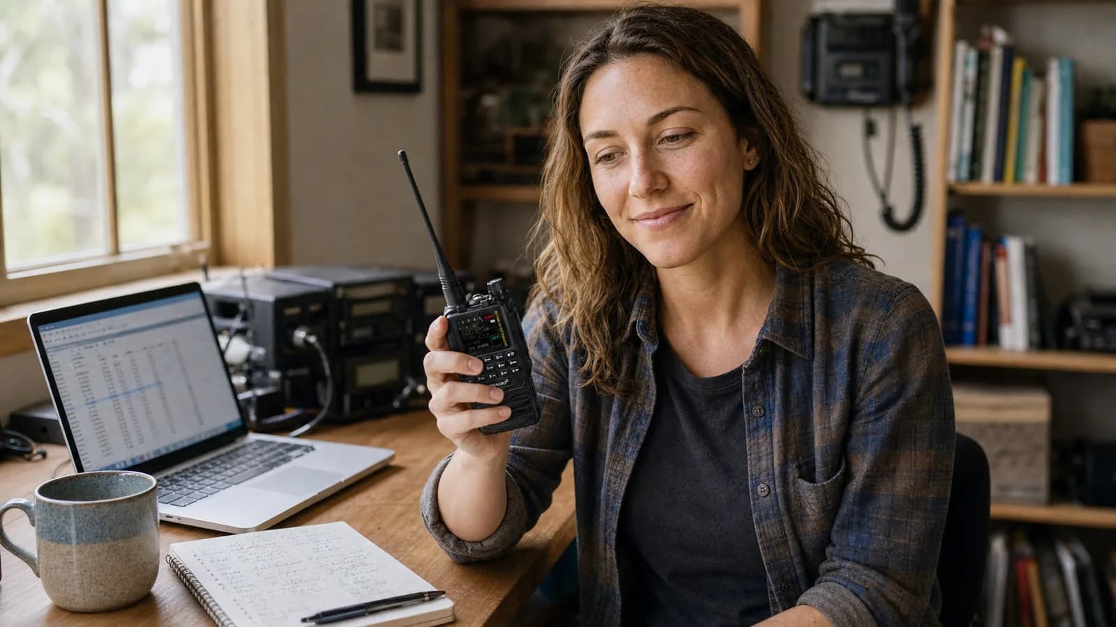 Jess Harmon at her desk holding a TIDRADIO TD-H3 handheld, with a laptop showing programming software and a notebook with frequencies written down