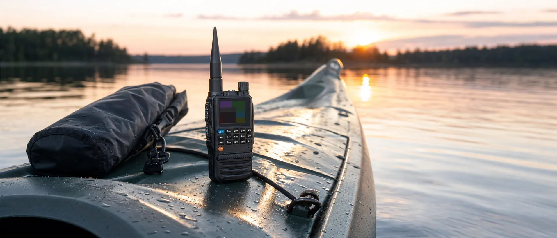 A TIDRADIO TD-H3 on the wet deck of a sit-on-top kayak at sunrise, dry bag clipped down beside it, calm lake reflecting golden light
