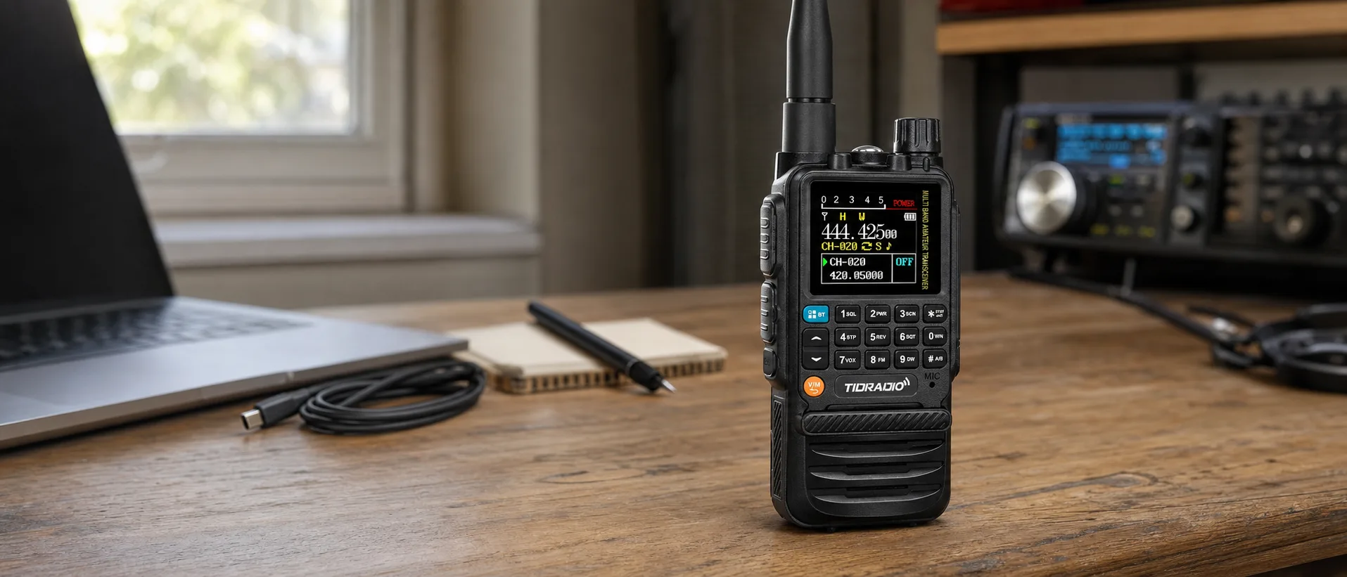 TIDRADIO TD-H3 dual-band handheld ham radio with stock antenna on a wooden desk next to a USB-C cable