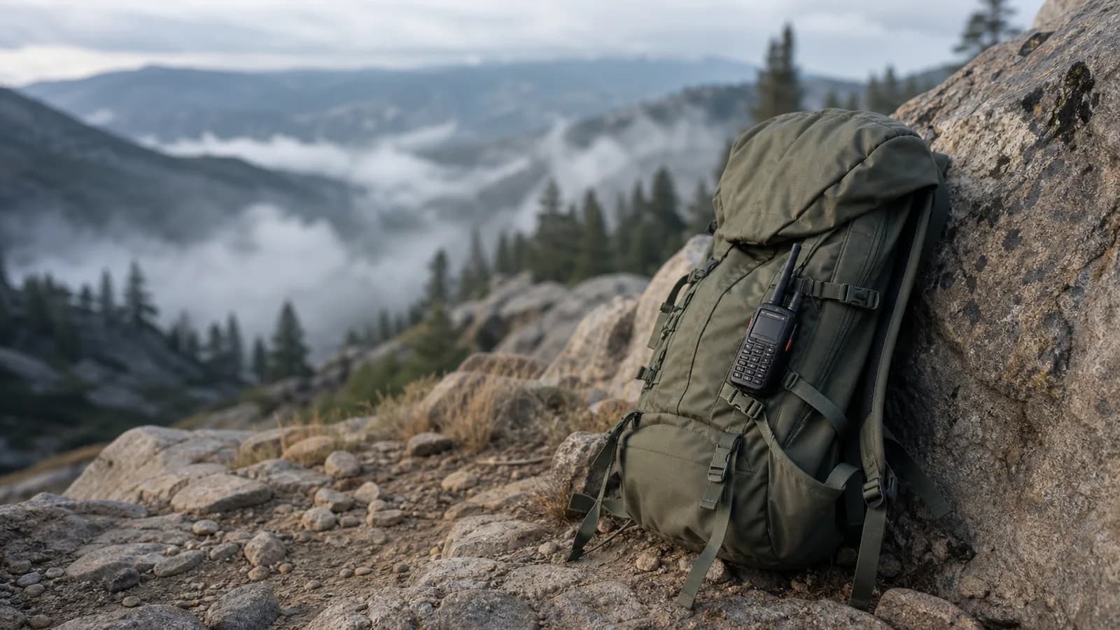Daypack at a rocky trailhead with a handheld radio clipped to the shoulder strap, stubby antenna visible, morning haze over the valley below