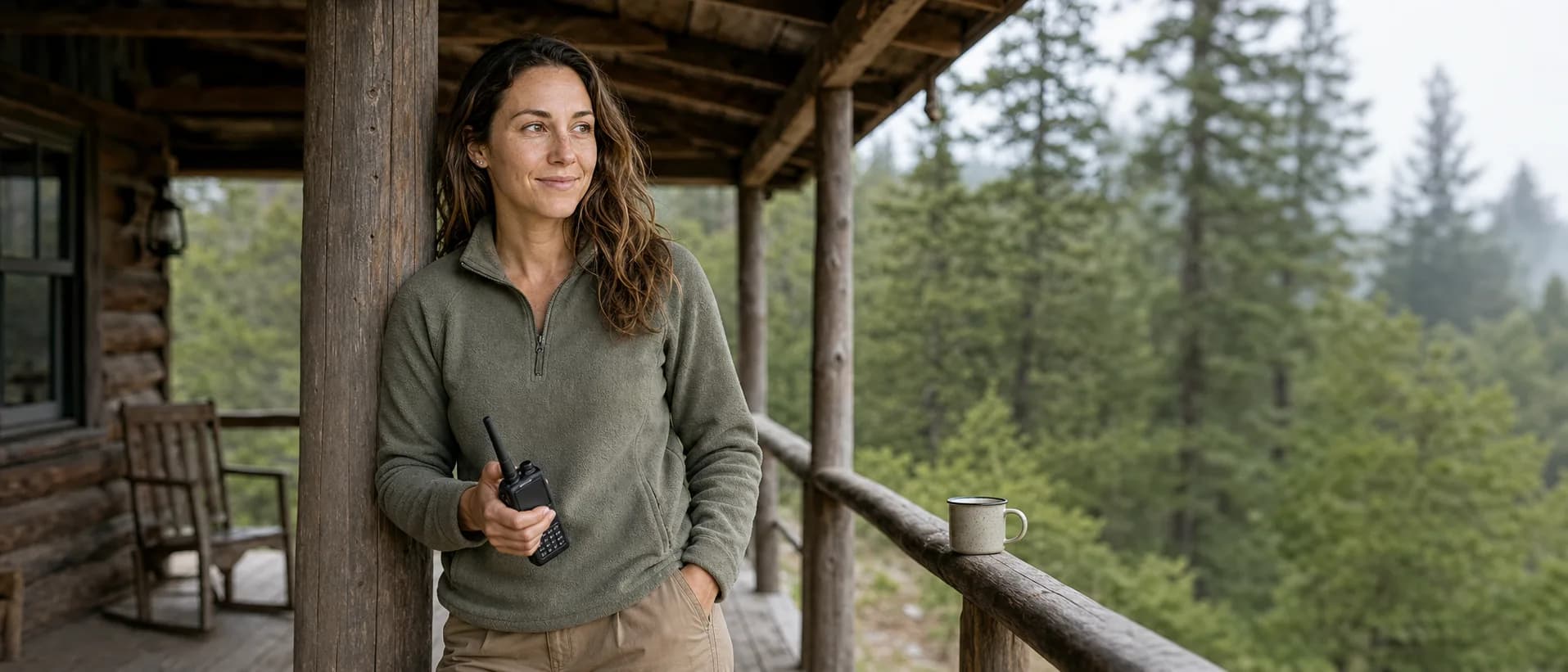 Jess Harmon on the covered porch of a mountain cabin on an overcast morning, pausing with a TIDRADIO TD-H9 handheld radio, forest soft-focused behind the porch posts