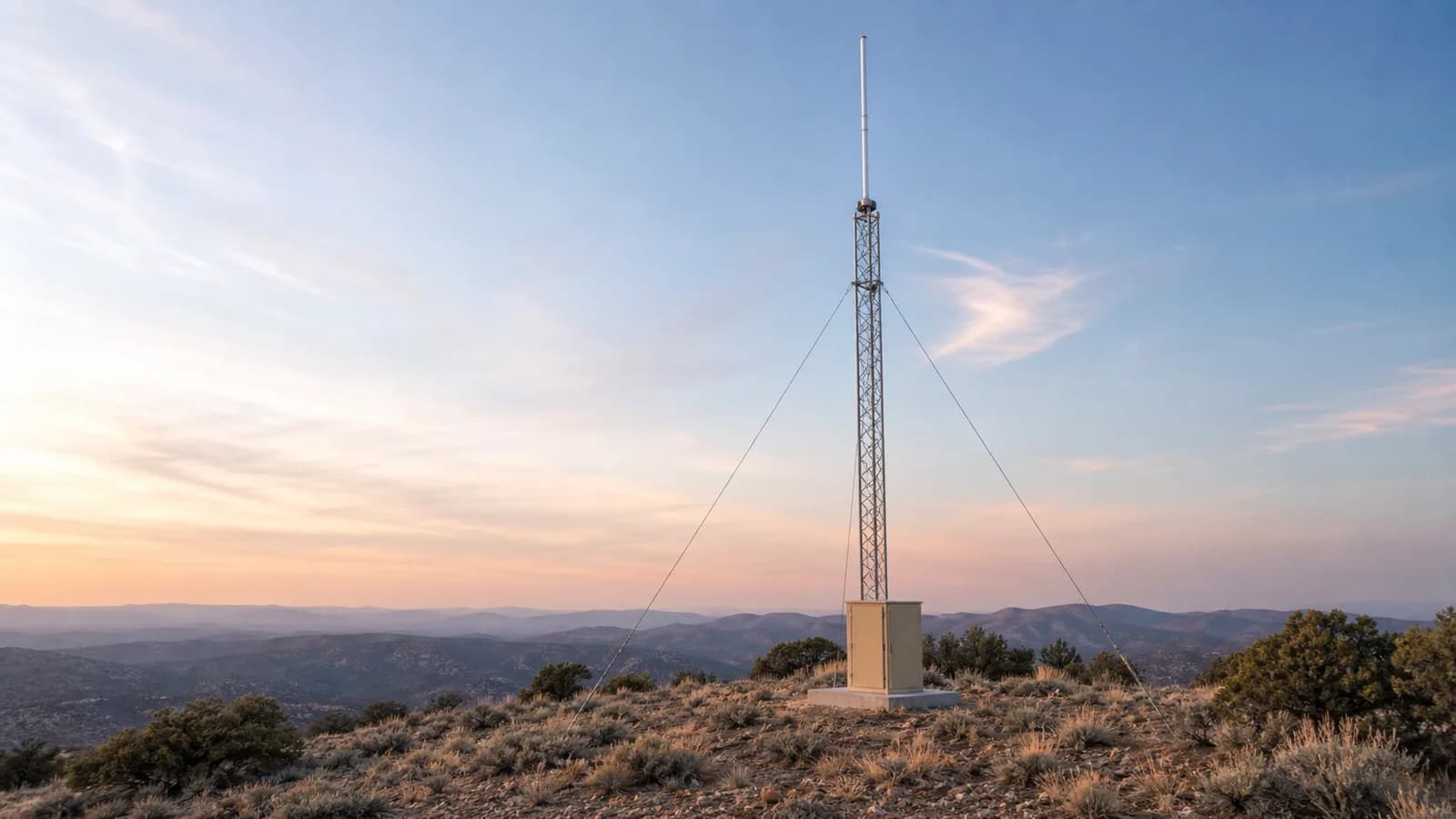 A ham radio repeater tower on a desert hilltop with a vertical VHF/UHF whip antenna and a base equipment cabinet