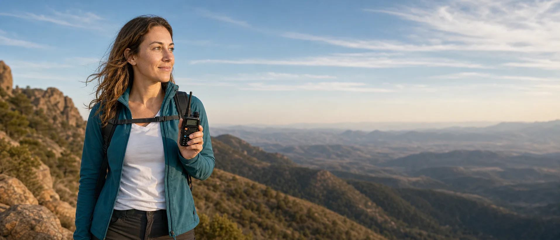 A ham operator standing on an open ridgeline with a handheld radio, looking out over a long valley
