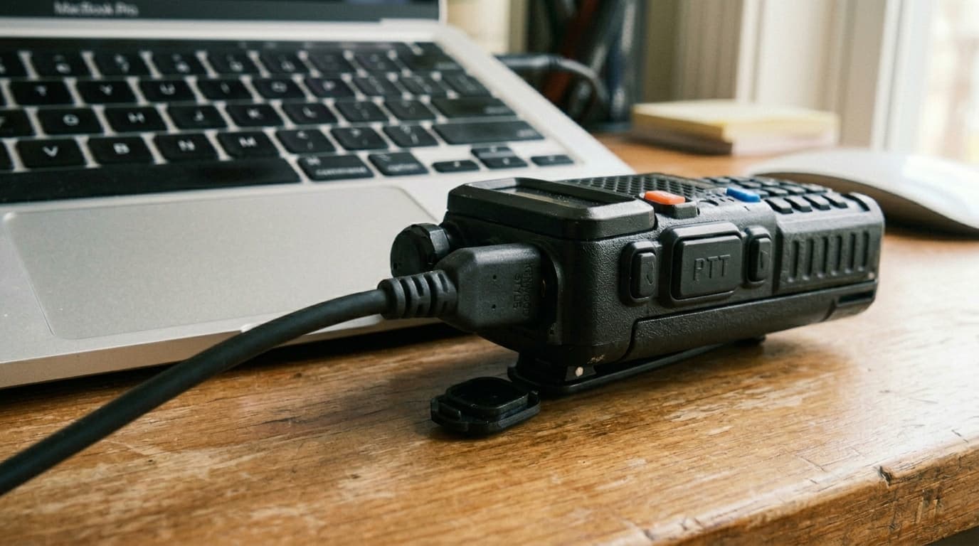 Programming cable plugged into a handheld radio's speaker-mic jack, connected to a laptop