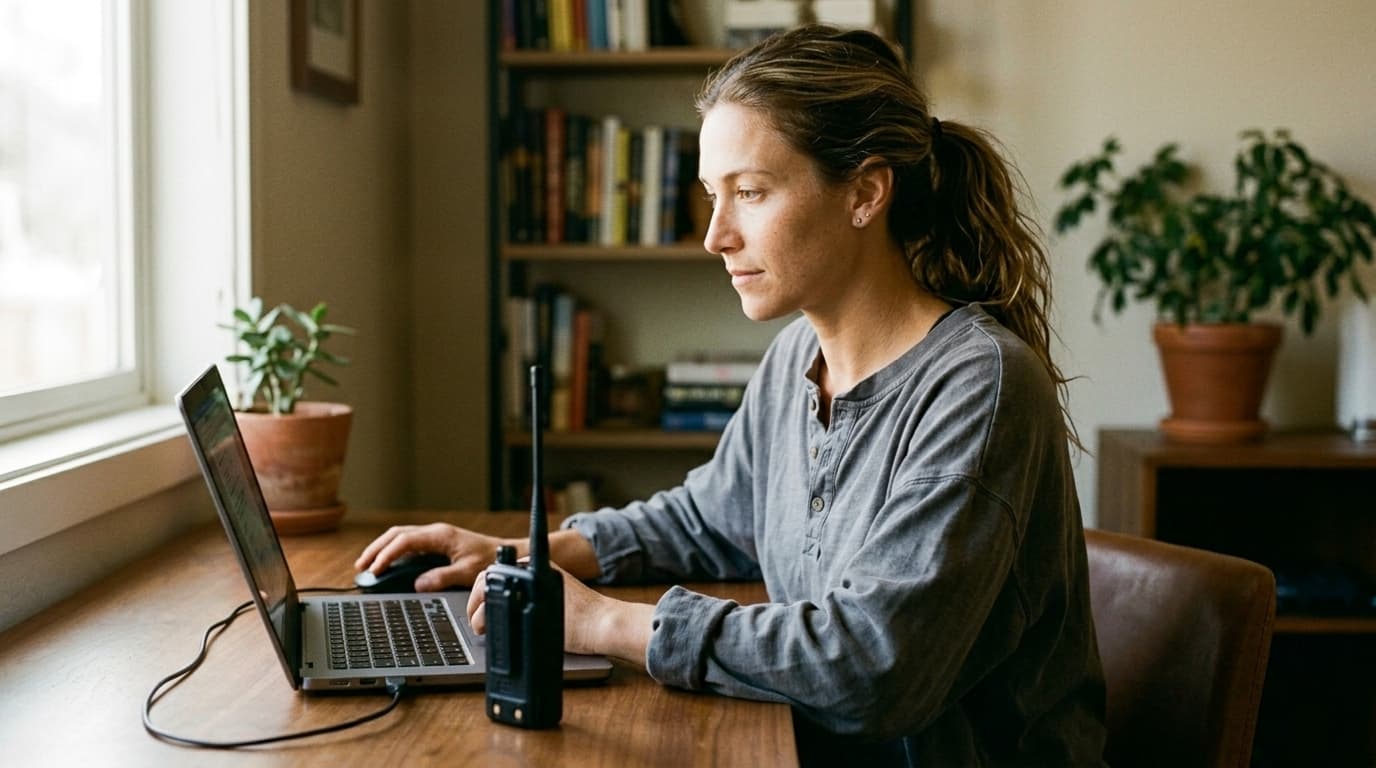 Ham radio operator programming a handheld radio from a laptop using CHIRP