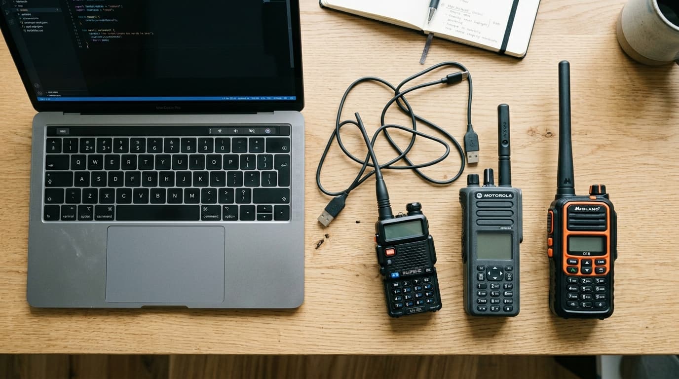 Laptop, USB programming cables, and two handheld radios laid out on a desk