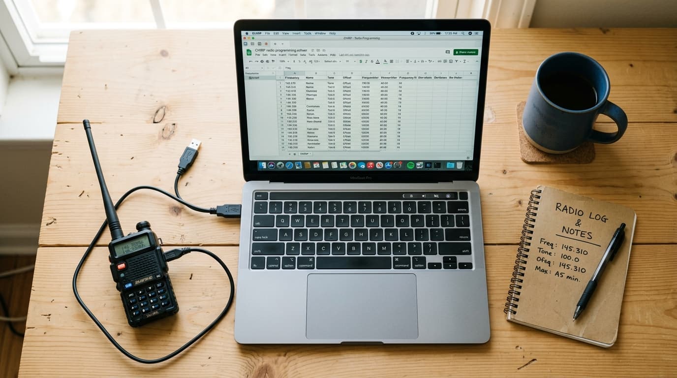 CHIRP radio programming software interface on a laptop connected to a handheld radio