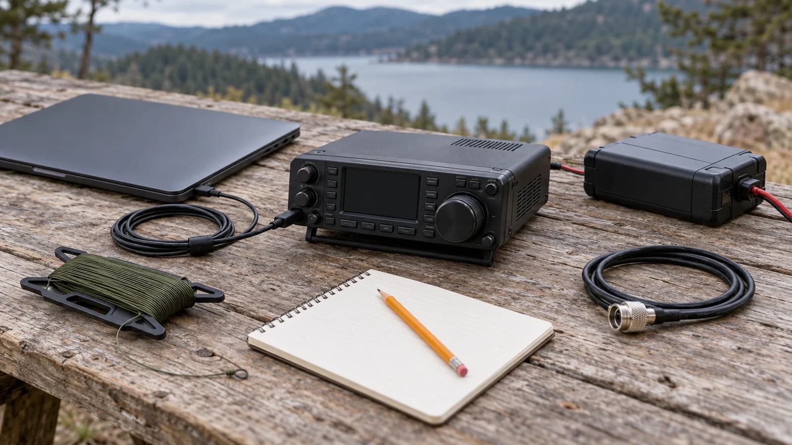 A portable FT8 station on a camp table: compact HF transceiver, laptop connected by USB, battery pack, coax jumper and a reel of antenna wire
