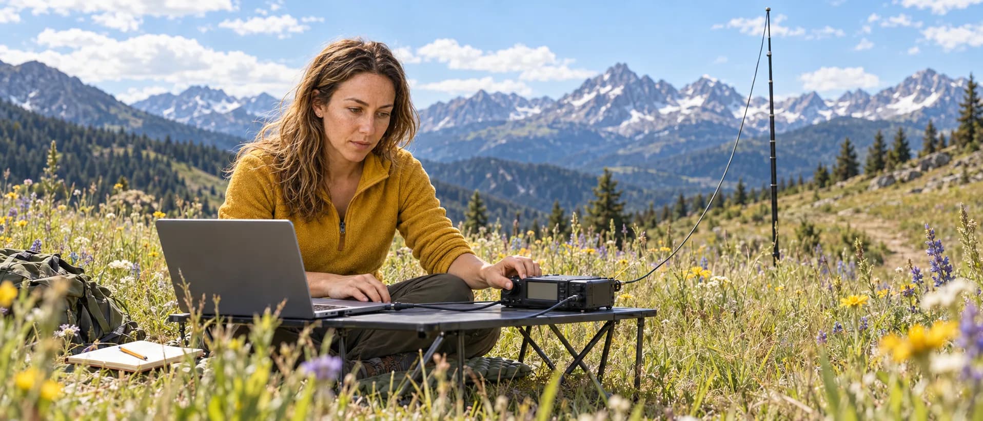 Ham operator in a mountain meadow running a portable HF station with a laptop, a compact transceiver and a wire antenna on a telescoping pole