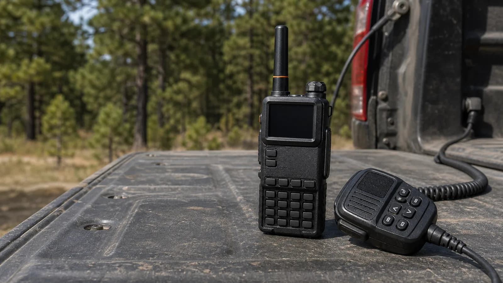 A GMRS handheld radio and a vehicle-mounted mobile radio microphone side by side on a truck tailgate