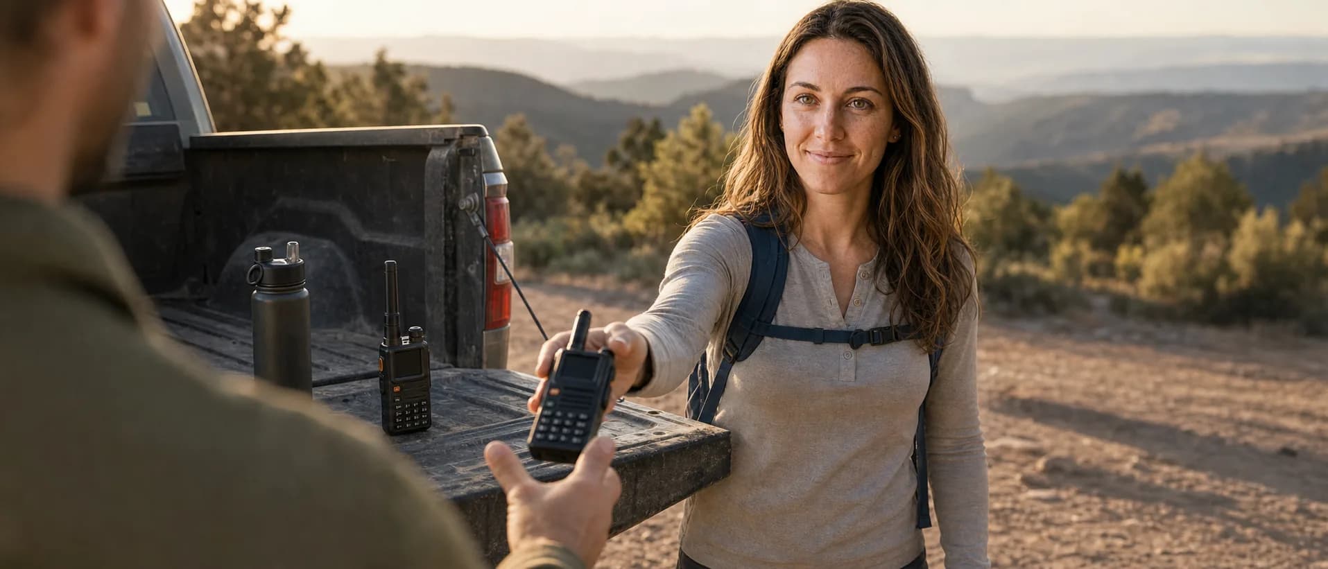 Jess Harmon handing a GMRS handheld radio to a companion across a pickup tailgate at a high-desert trailhead in golden-hour light