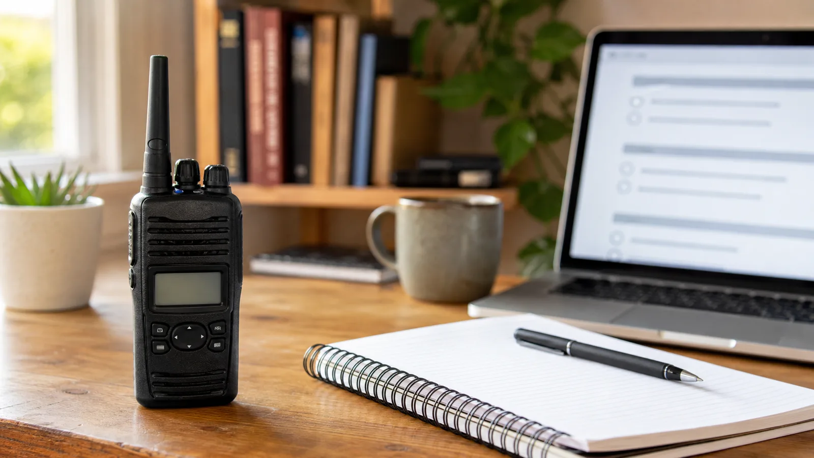 A desk with a handheld radio, a notebook, and a laptop, set up for studying the license exam