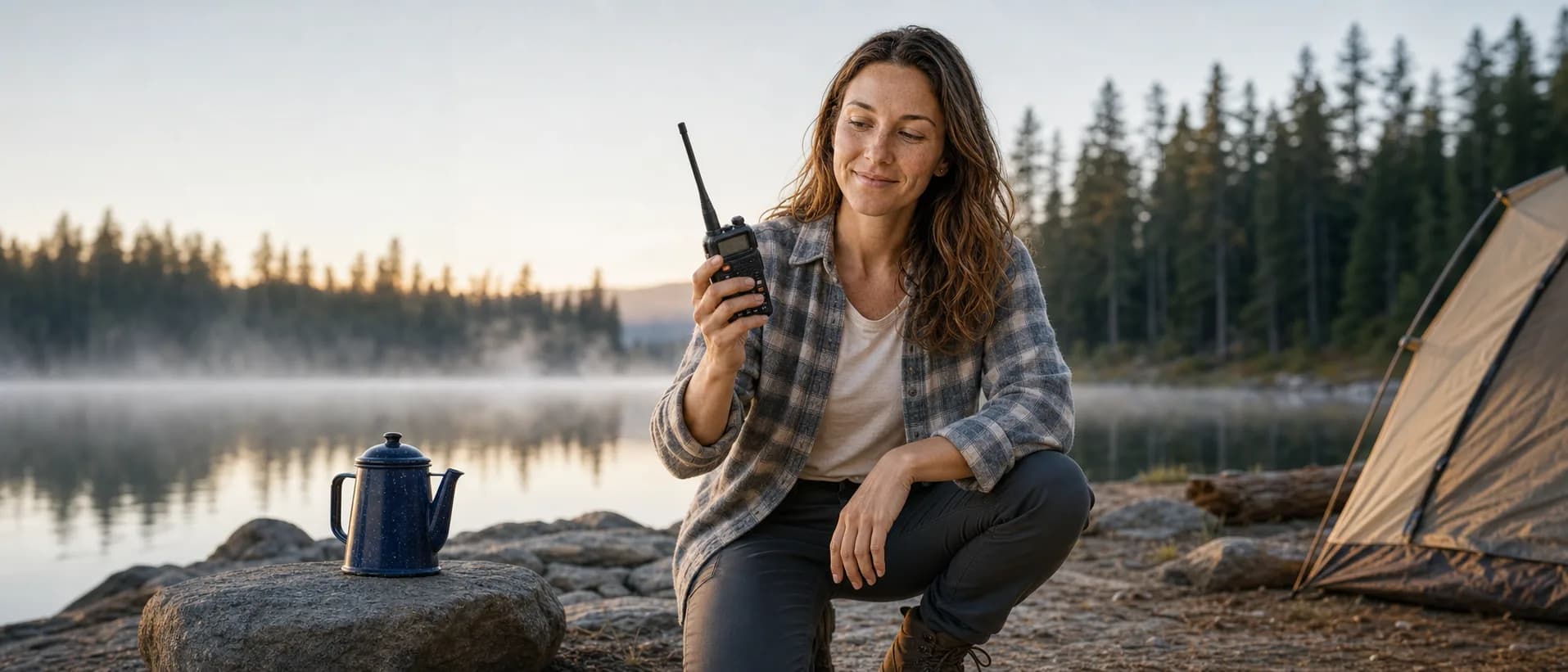 A ham operator kneeling at a misty dawn lakeside campsite with a handheld radio, an enamel coffee pot on the rocks beside her and a tent corner at the edge of the frame