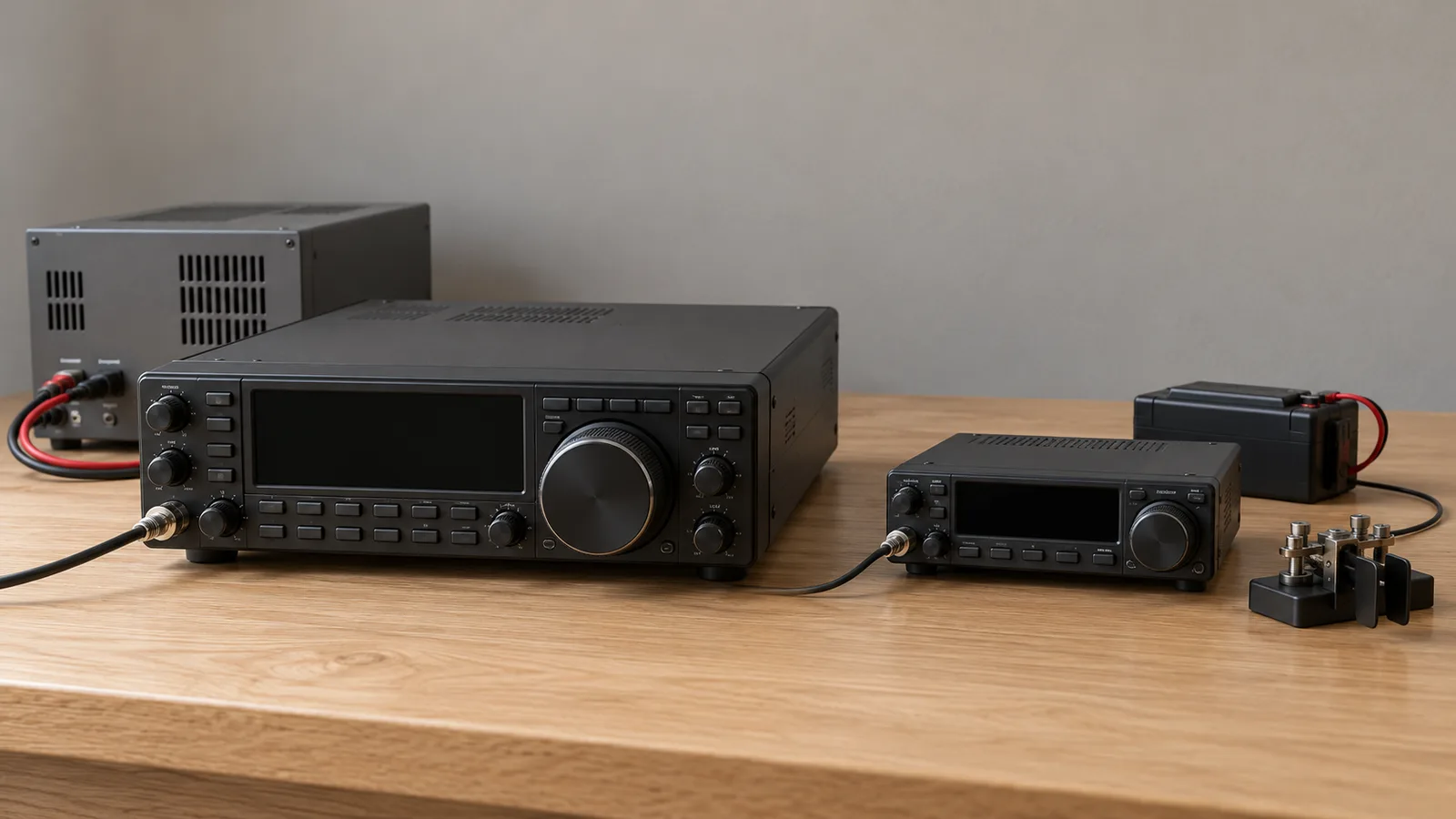 A palm-sized portable HF transceiver sitting on a desk beside a much larger 100-watt base station transceiver and its power supply