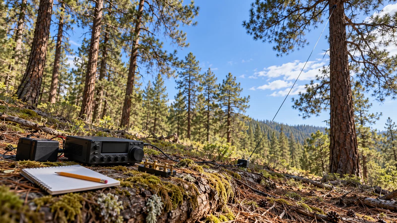 Thin wire antenna strung from a small portable transceiver on a fallen log up into the branches of a pine tree, with a small battery pack and a Morse key beside the radio