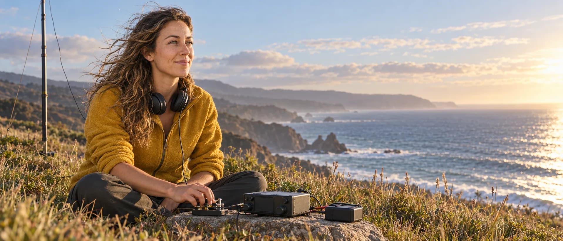 Ham operator sitting on a coastal bluff sending Morse code on a compact battery-powered HF transceiver, with a wire antenna on a telescoping pole behind her