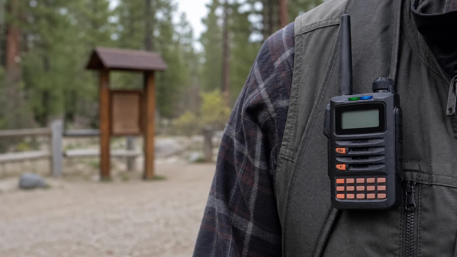 Yaesu FT-70DR handheld clipped to a tactical vest at a park entrance during a POTA activation