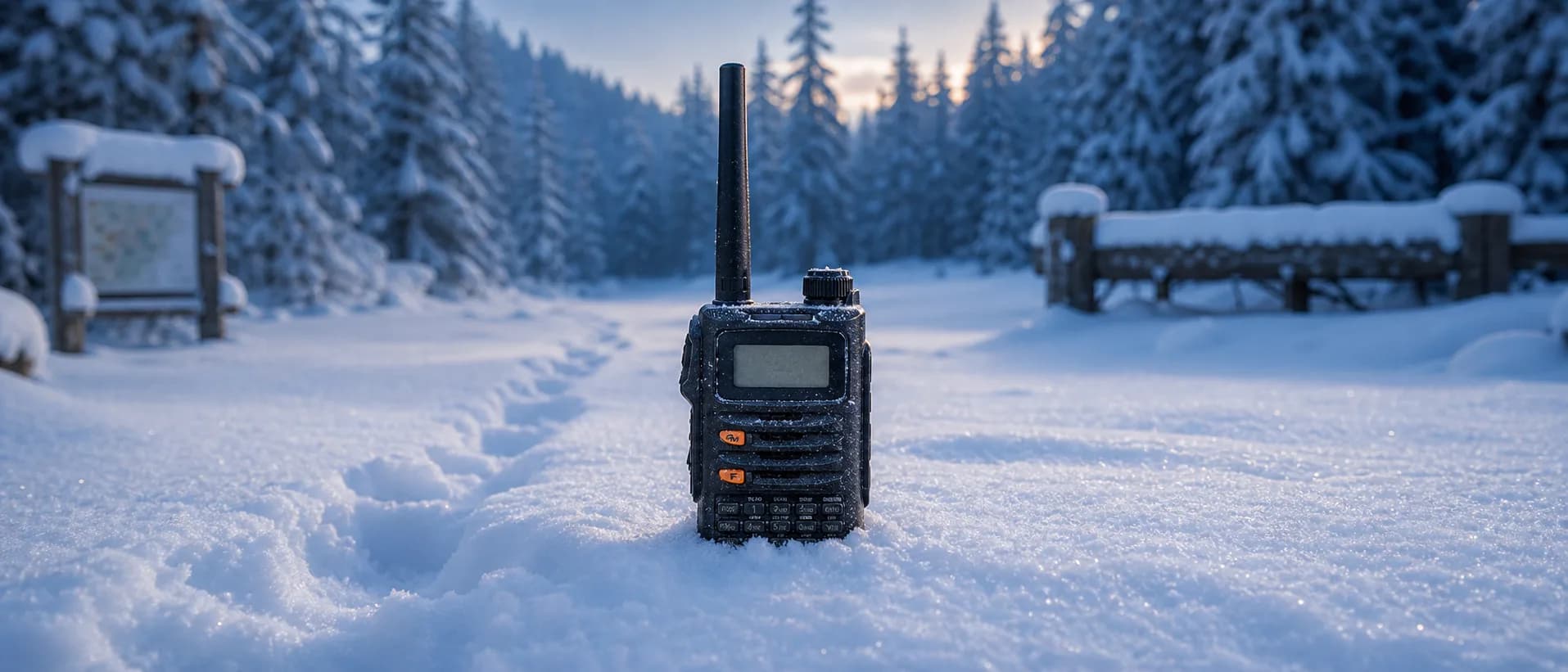 A Yaesu FT-70DR planted in fresh snow at a snowy forest trailhead at blue hour, boot prints in the snow leading toward it